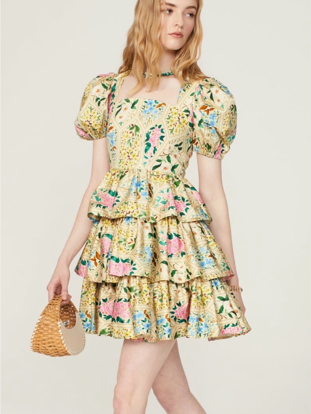 Floral Tiered Hunter Bell Puff-Sleeve Mini Dress in Cream